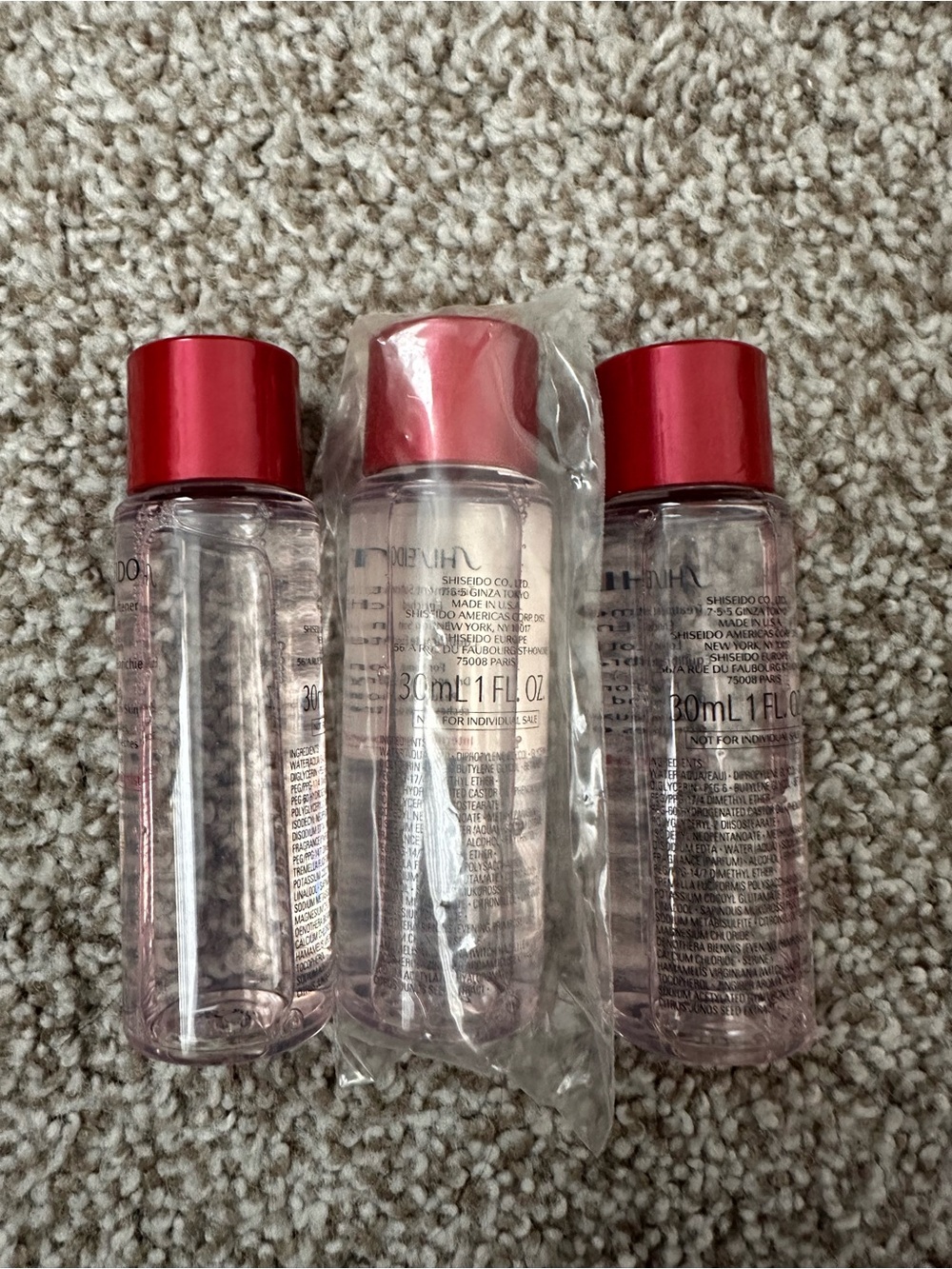 Shiseido Clear Travel Bottles with Red-Pink Caps - Set of 3